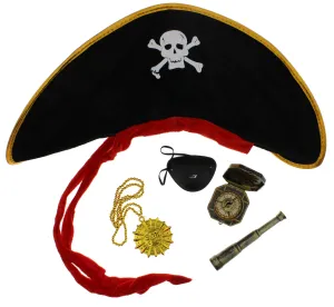 5 Piece Pirate Accessories Kit - Pirate Hat, Eye Patch, Compass, Necklace & Spyglass