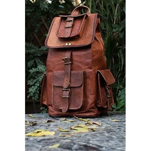 HLC 20" Genuine Leather Retro Rucksack Backpack Brown Leather Bag Travel Backpack for Men Women