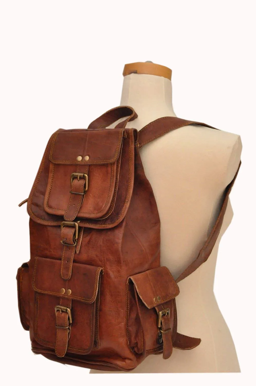 HLC 20" Genuine Leather Retro Rucksack Backpack Brown Leather Bag Travel Backpack for Men Women