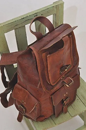 HLC 20" Genuine Leather Retro Rucksack Backpack Brown Leather Bag Travel Backpack for Men Women