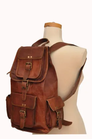 HLC 20" Genuine Leather Retro Rucksack Backpack Brown Leather Bag Travel Backpack for Men Women
