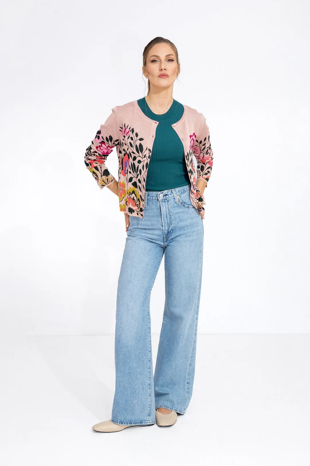 Ivko Woman Cardigan O Neck Floral - Powder