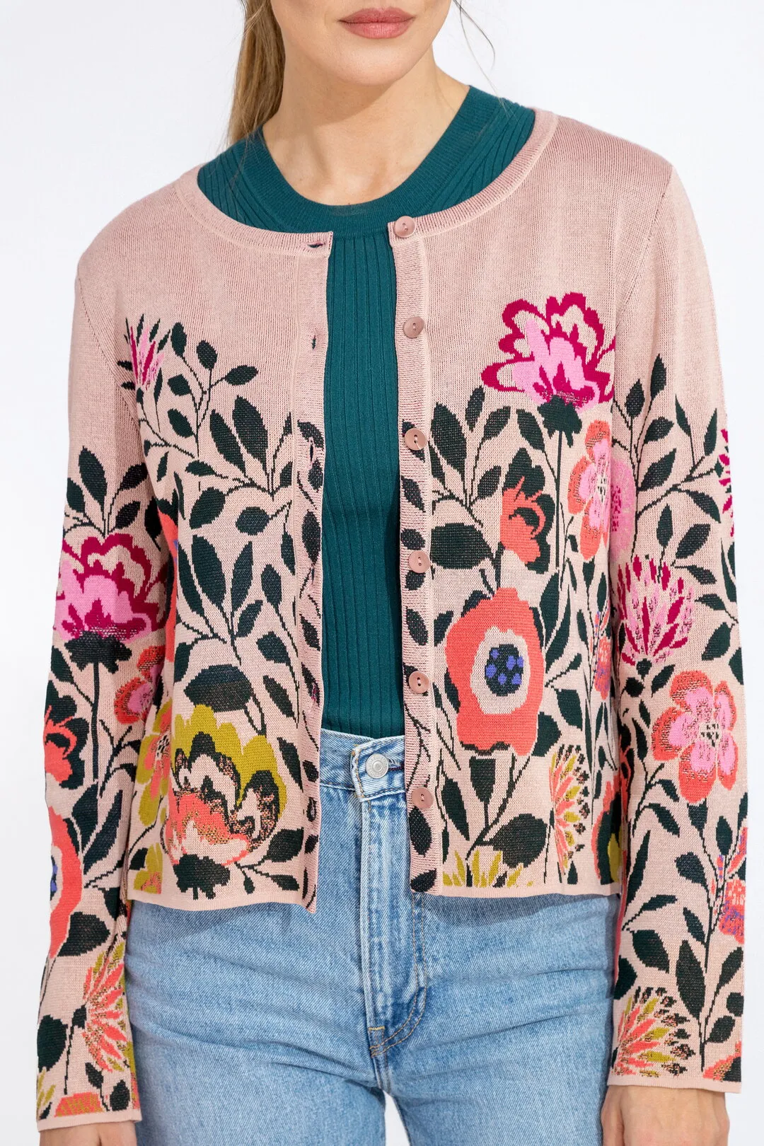 Ivko Woman Cardigan O Neck Floral - Powder