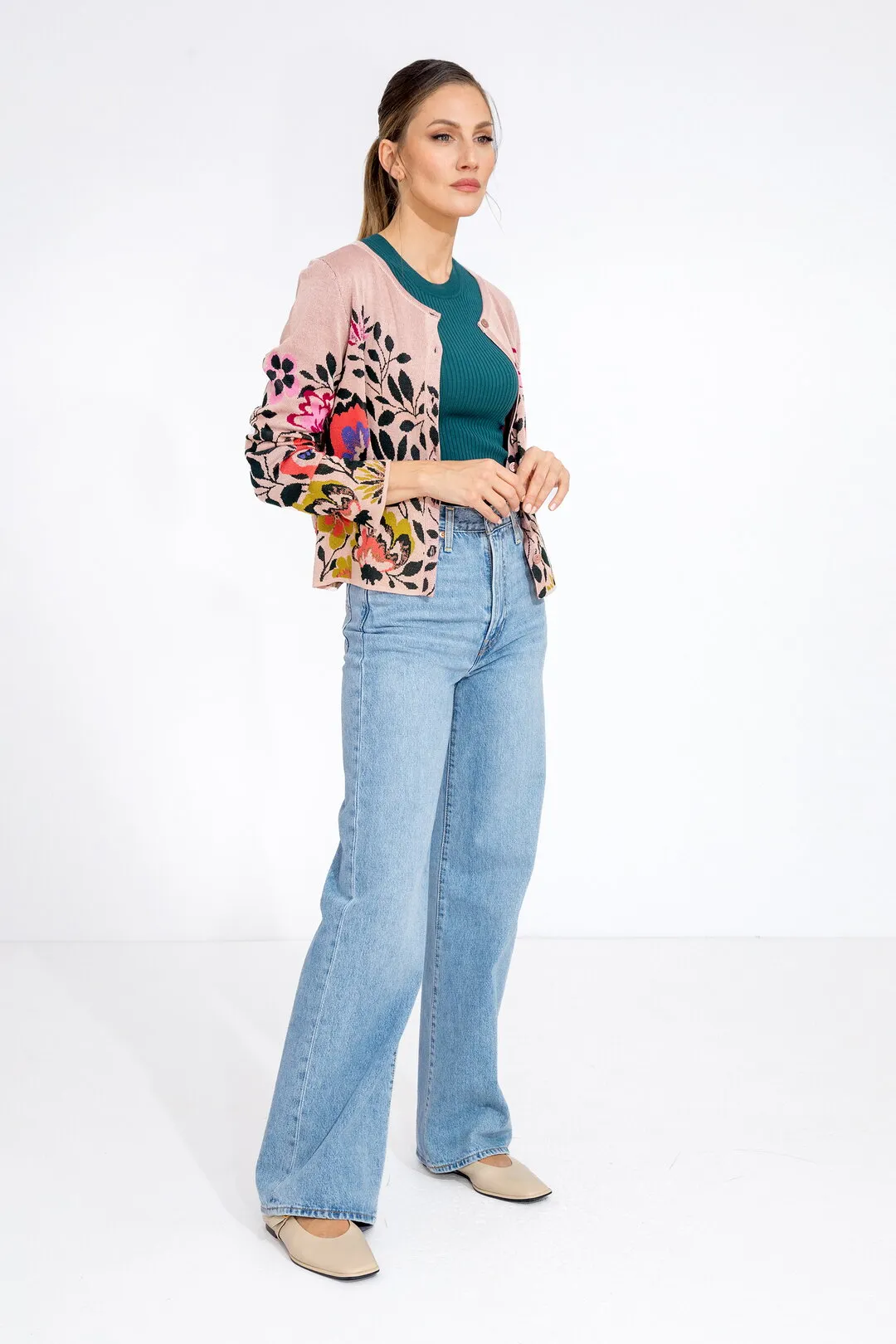 Ivko Woman Cardigan O Neck Floral - Powder