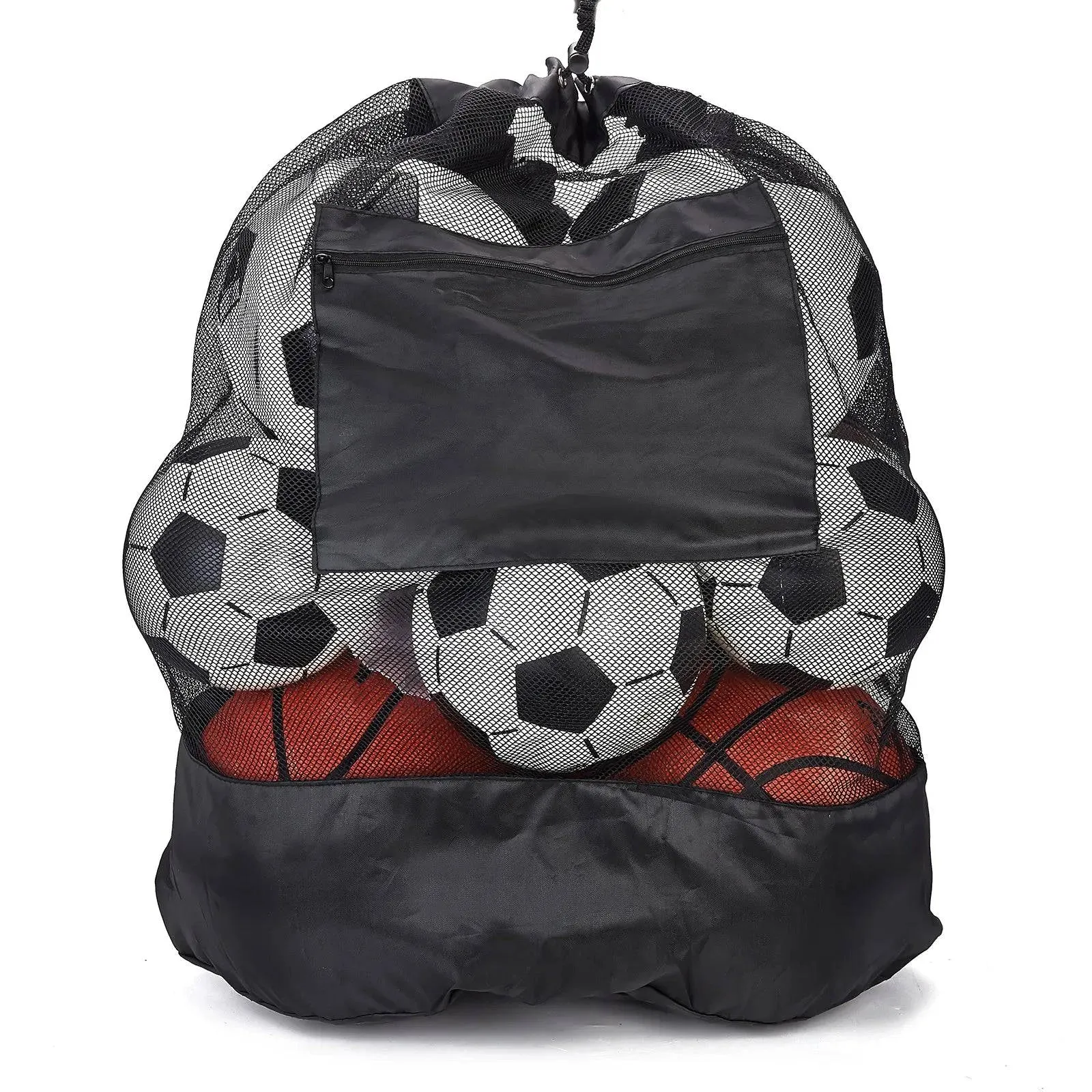 Large Capacity Soccer Bags For Coaches Footbal Basketball Drawstring Design Mesh Bag with a Zippered Front Pocket