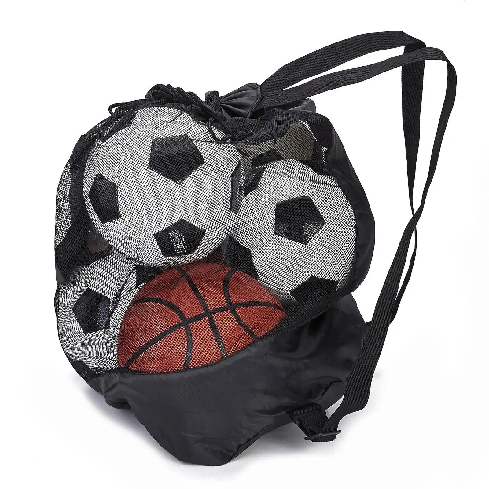 Large Capacity Soccer Bags For Coaches Footbal Basketball Drawstring Design Mesh Bag with a Zippered Front Pocket