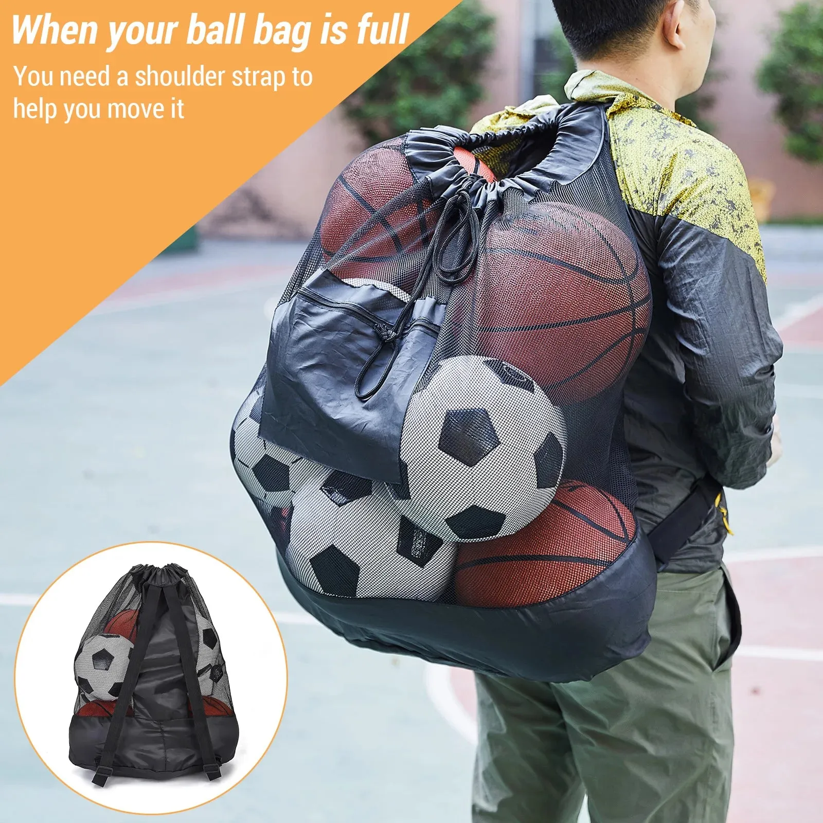 Large Capacity Soccer Bags For Coaches Footbal Basketball Drawstring Design Mesh Bag with a Zippered Front Pocket