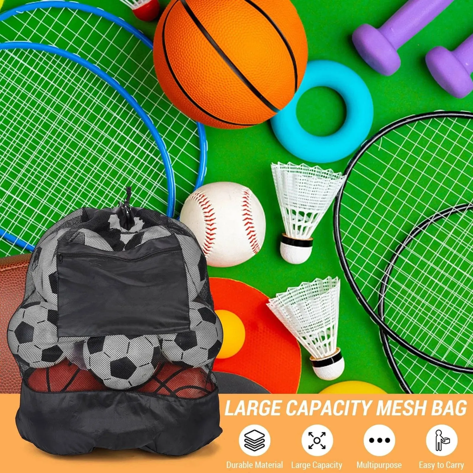 Large Capacity Soccer Bags For Coaches Footbal Basketball Drawstring Design Mesh Bag with a Zippered Front Pocket