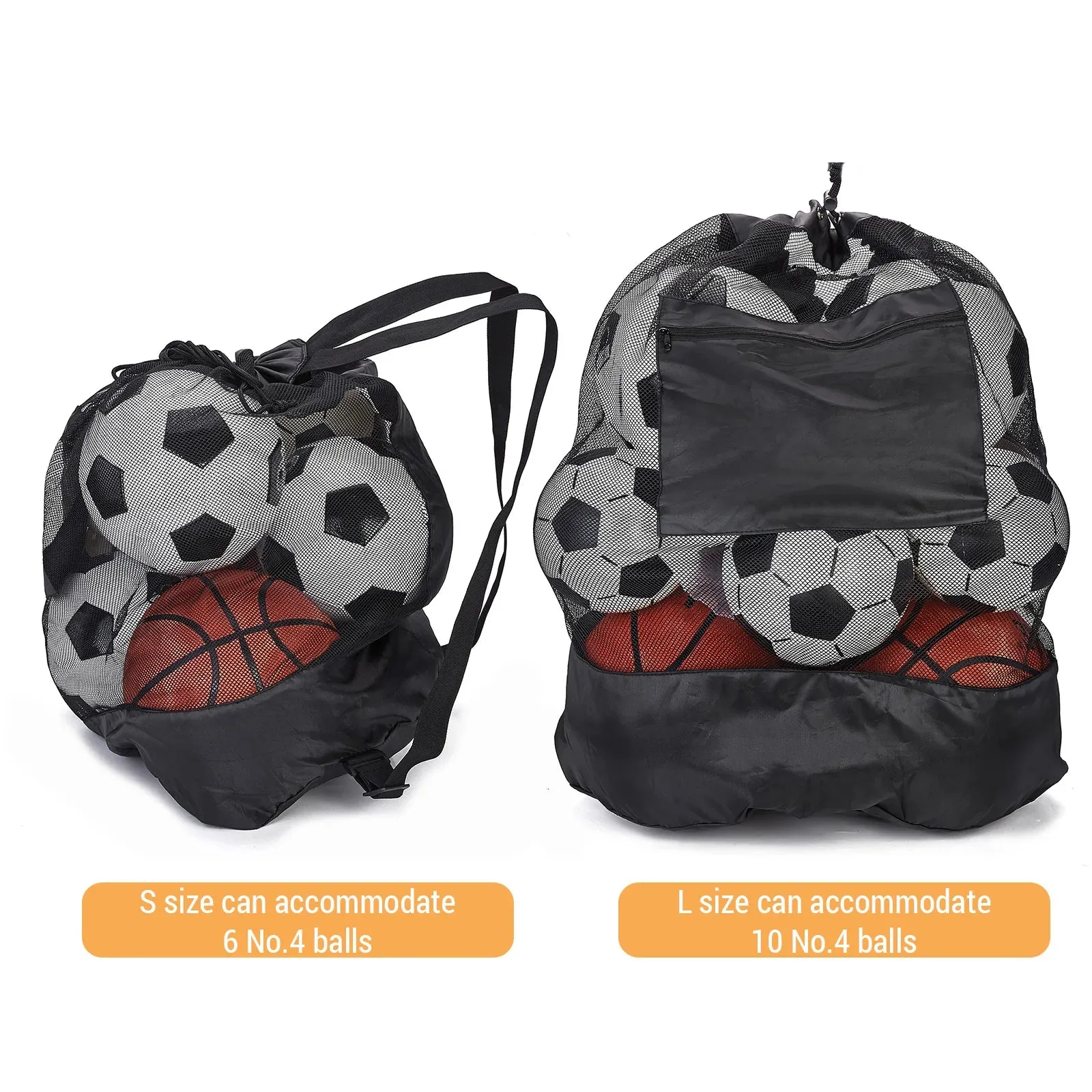 Large Capacity Soccer Bags For Coaches Footbal Basketball Drawstring Design Mesh Bag with a Zippered Front Pocket