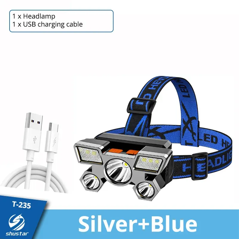 Led Five-Head Headlamp Strong Light Super Bright Rechargeable Fishing Headlight Long-Range Head-Mounted Mine Lamp Flashlight