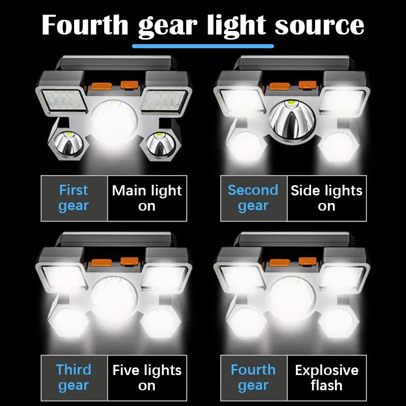 Led Five-Head Headlamp Strong Light Super Bright Rechargeable Fishing Headlight Long-Range Head-Mounted Mine Lamp Flashlight
