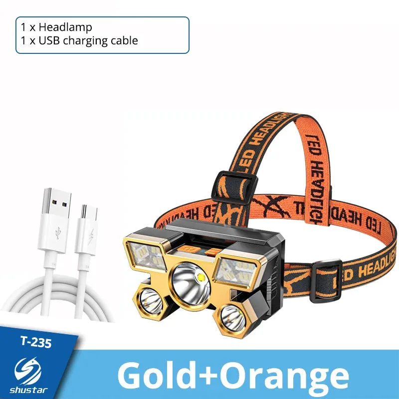 Led Five-Head Headlamp Strong Light Super Bright Rechargeable Fishing Headlight Long-Range Head-Mounted Mine Lamp Flashlight