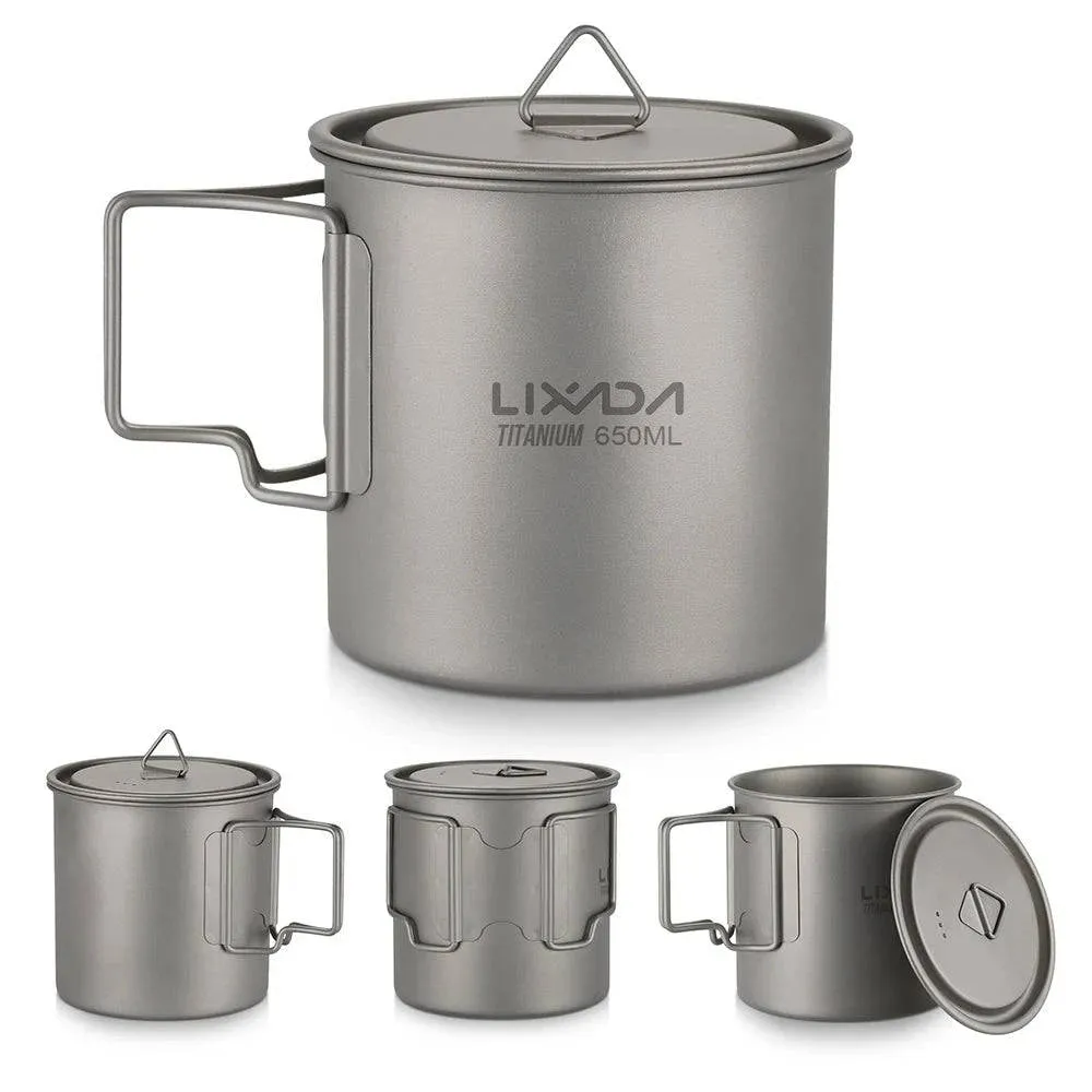 Lixada Ultralight Titanium Cup Mug 300/350/550/650ml Outdoor Water Cup Camping Picnic Water Mug Tableware with Foldable Handle
