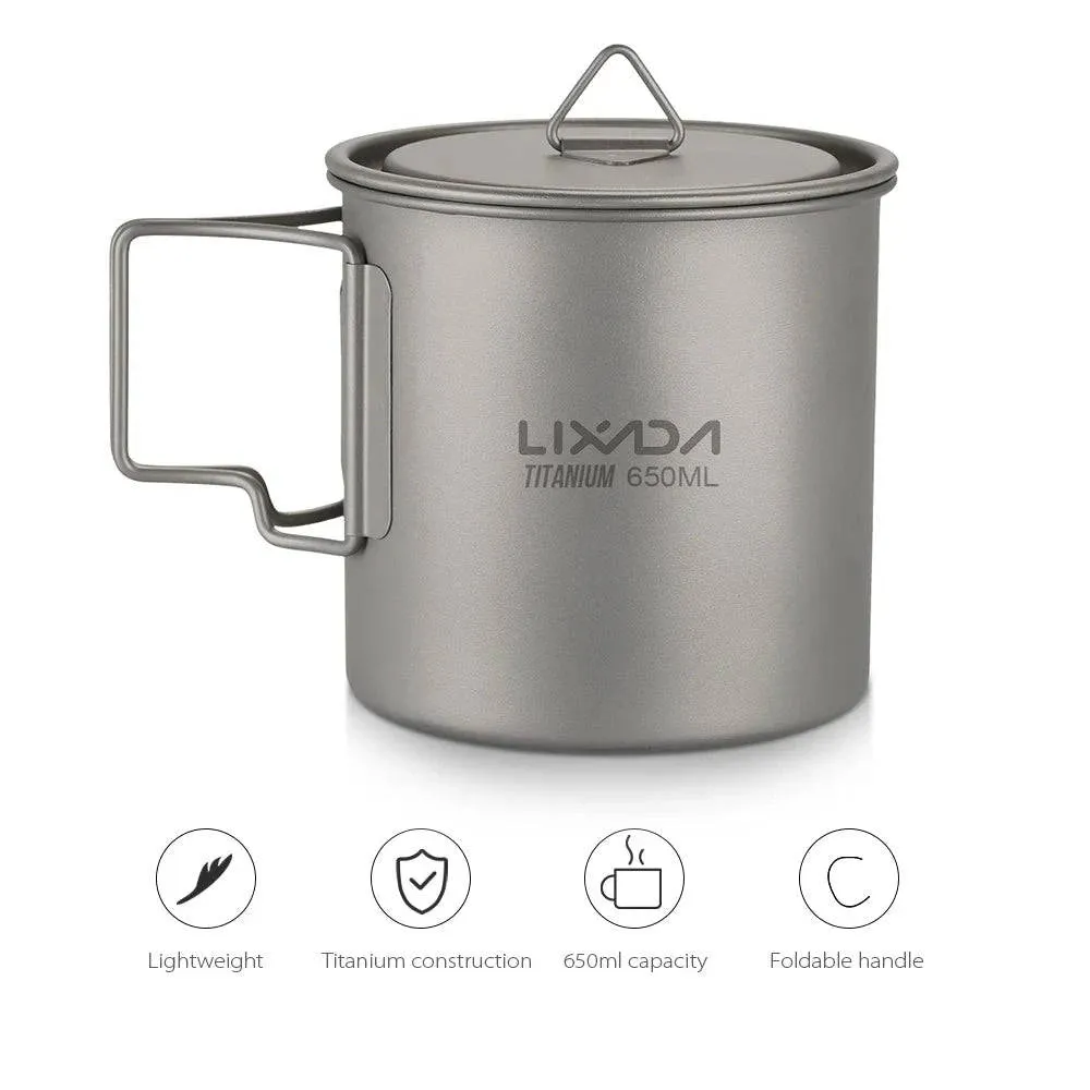 Lixada Ultralight Titanium Cup Mug 300/350/550/650ml Outdoor Water Cup Camping Picnic Water Mug Tableware with Foldable Handle