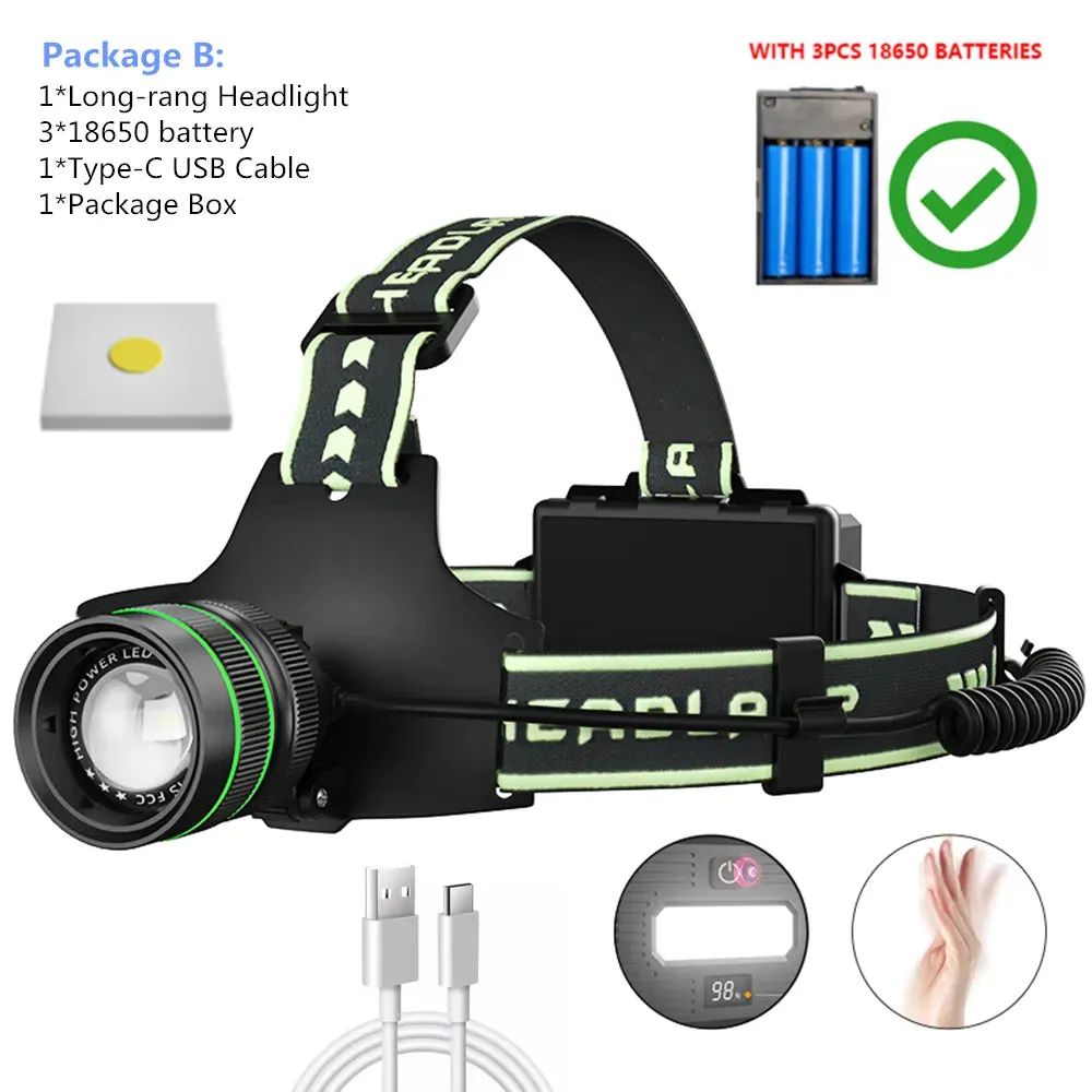 Powerful Super 60W Spotlight Headlight Sensing head Lamp Type-C Apple lnput USB Output Power Display With Night Light Strip