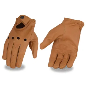 Saddle Tan MG7508 Men's Saddle Perforated Leather Full Finger Motorcycle Hand Gloves W/ Breathable Open Knuckle