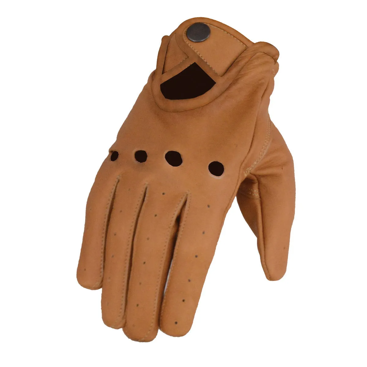 Saddle Tan MG7508 Men's Saddle Perforated Leather Full Finger Motorcycle Hand Gloves W/ Breathable Open Knuckle