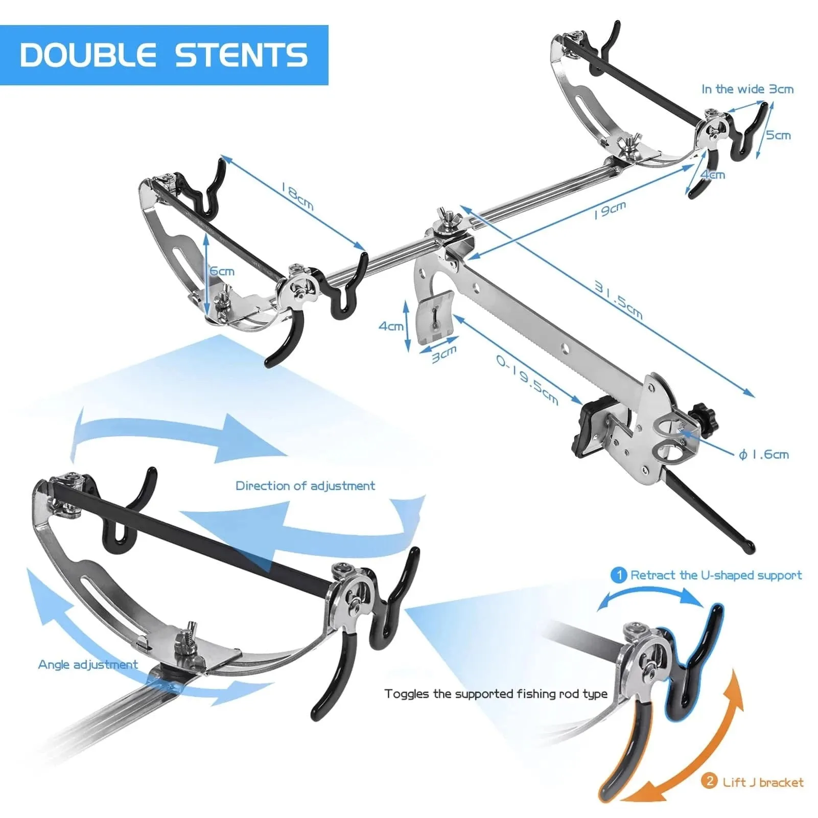 Stainless Steel Turret Bridge Fishing Bracket Clamp-on Fishing Rod Holder Boat Mount Rod Holder Bridge Railing Fish Pole Bracket