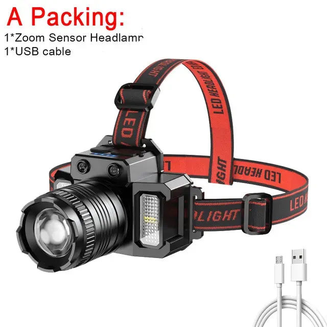 Super Bright T51 LED Sensor Headlamp USB C Rechargeable Headlight Led Head Torch With built-in battery Camping Fishing Lantern