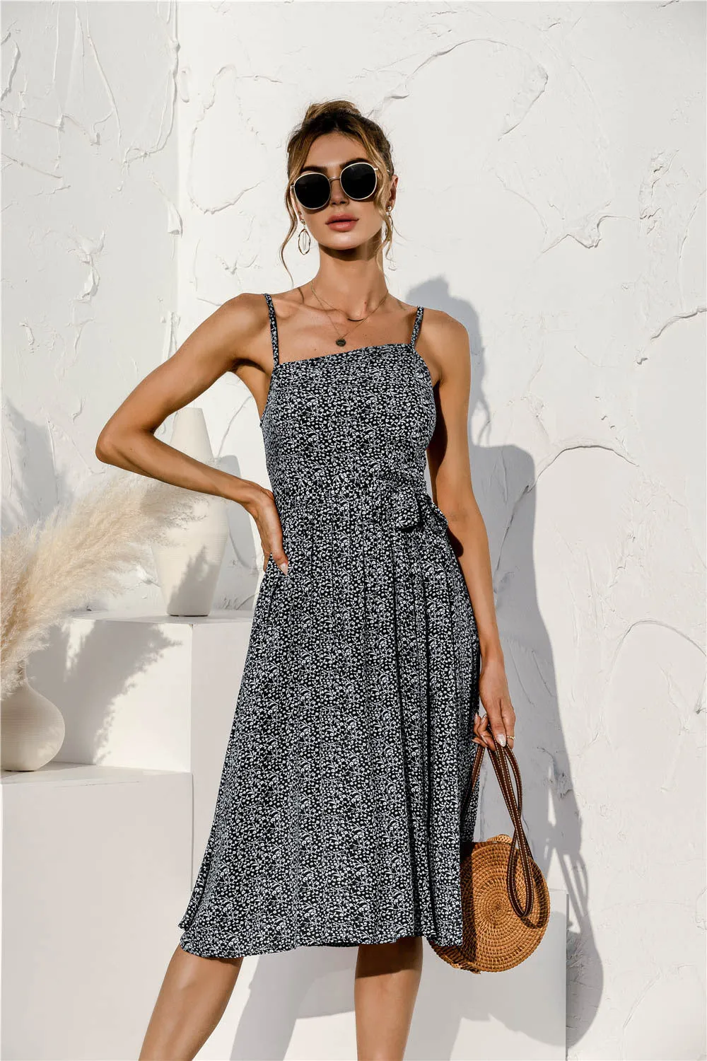 Tie Waist Soft Print Cami Dress