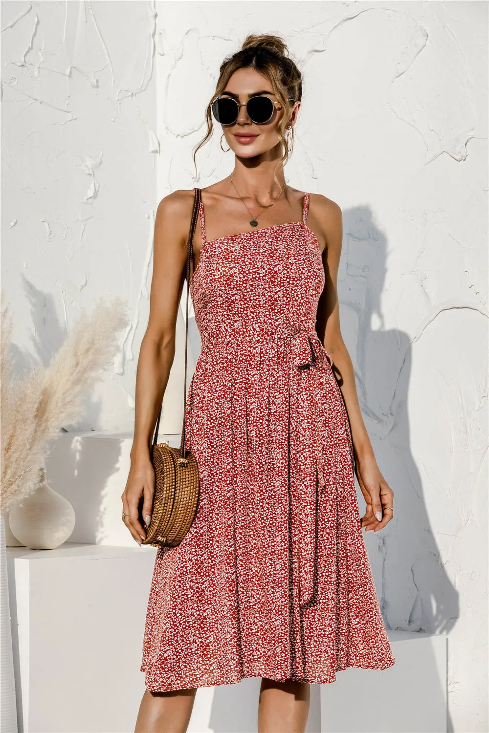 Tie Waist Soft Print Cami Dress