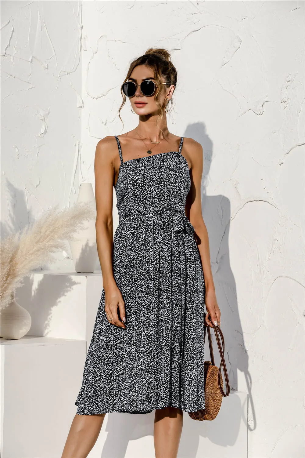 Tie Waist Soft Print Cami Dress